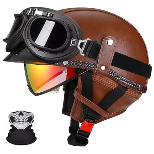 Halbschalenhelm, Retro Motorrad Helm, Scooter-Helm, Mit Sonnenblende Und Herausnehmbares Atmungsaktives Futte Halbschalenhelm Herren Mit ECE, Für Cruiser Chopper Biker L,M (55-56) von Frcychri