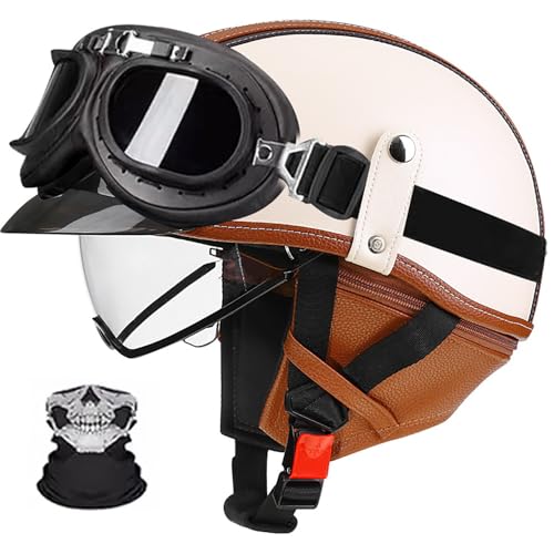 Halbschalenhelm, Retro Motorrad Helm, Scooter-Helm, Mit Sonnenblende Und Herausnehmbares Atmungsaktives Futte Halbschalenhelm Herren Mit ECE, Für Cruiser Chopper Biker M,XL (59-60) von Frcychri