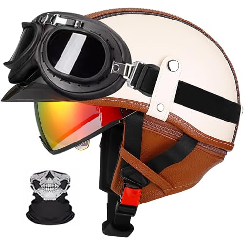 Halbschalenhelm, Retro Motorrad Helm, Scooter-Helm, Mit Sonnenblende Und Herausnehmbares Atmungsaktives Futte Halbschalenhelm Herren Mit ECE, Für Cruiser Chopper Biker S,XL (59-60) von Frcychri