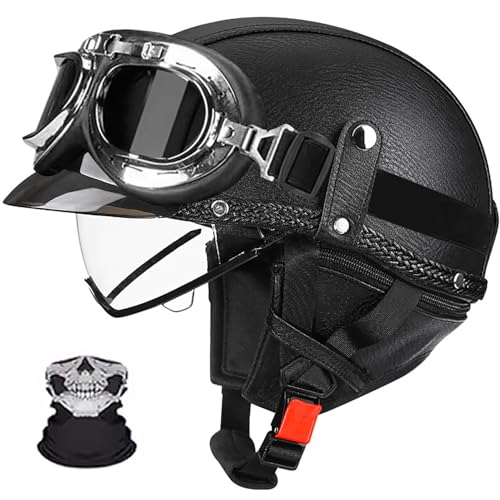Halbschalenhelm, Retro Motorrad Helm, Scooter-Helm, Mit Sonnenblende Und Herausnehmbares Atmungsaktives Futte Halbschalenhelm Herren Mit ECE, Für Cruiser Chopper Biker U,XL (59-60) von Frcychri