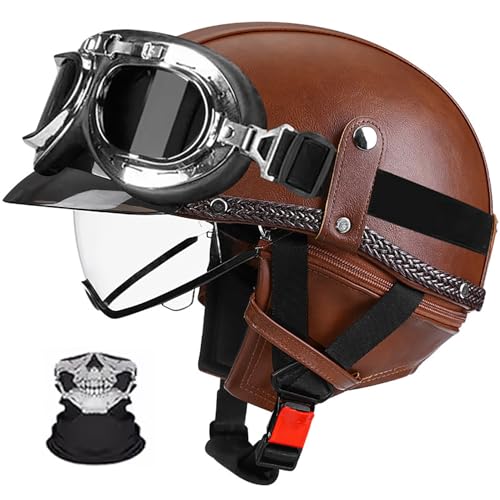 Halbschalenhelm, Retro Motorrad Helm, Scooter-Helm, Mit Sonnenblende Und Herausnehmbares Atmungsaktives Futte Halbschalenhelm Herren Mit ECE, Für Cruiser Chopper Biker V,M (55-56) von Frcychri