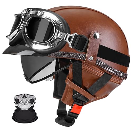 Halbschalenhelm, Retro Motorrad Helm, Scooter-Helm, Mit Sonnenblende Und Herausnehmbares Atmungsaktives Futte Halbschalenhelm Herren Mit ECE, Für Cruiser Chopper Biker W,XL (59-60) von Frcychri