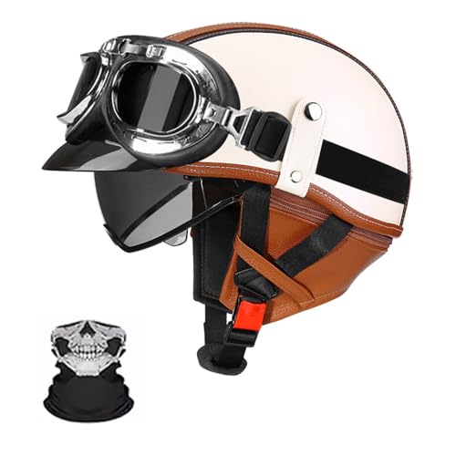 Halbschalenhelm, Retro Motorrad Helm, Scooter-Helm, Mit Sonnenblende Und Herausnehmbares Atmungsaktives Futte Halbschalenhelm Herren Mit ECE, Für Cruiser Chopper Biker Z,XL (59-60) von Frcychri
