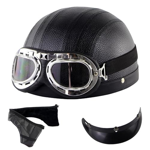 Retro Motorrad Halbhelme Leder Halbhelm, Mit Schutzbrille Visier, Halbschalenhelm Mit ECE, German Retro Motorcycle Leather Half Helmets, Für Moped Fahrrad Cruiser Scooter Chopper B,M (57-58CM) von Frcychri