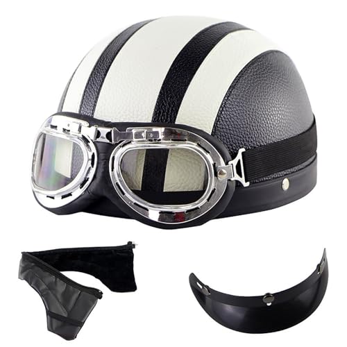 Retro Motorrad Halbhelme Leder Halbhelm, Mit Schutzbrille Visier, Halbschalenhelm Mit ECE, German Retro Motorcycle Leather Half Helmets, Für Moped Fahrrad Cruiser Scooter Chopper G,S (55-56CM) von Frcychri