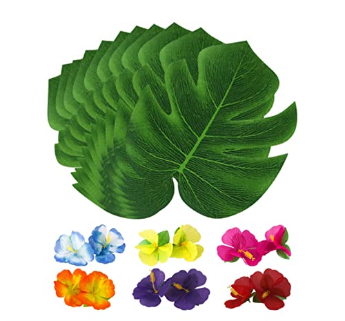 Tropische Luau Party Dekoration，Simulation Blatt 12 Stück Tropical Palm Monstera Blätter Avec 12 Stück Hibiskus Blumen für hawaiische Luau Party Jungle Beach Thema Tischdekoration von Frdelma