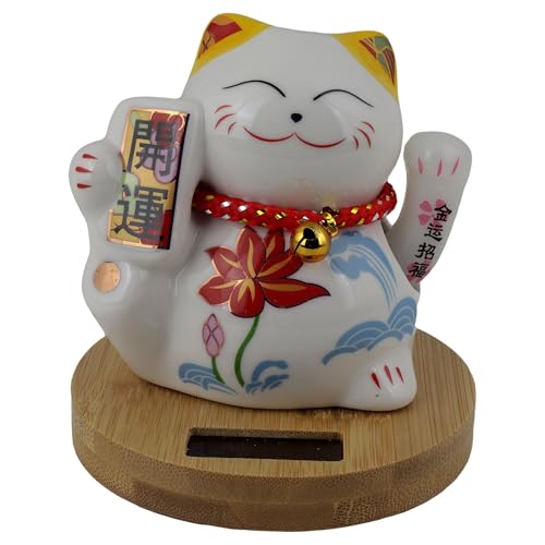 Freak Scene Glückskatze Keramik 10cm weiß Bambussockel Solar Maneki-Neko Winkekatze Lucky cat Modell 03 von Freak Scene