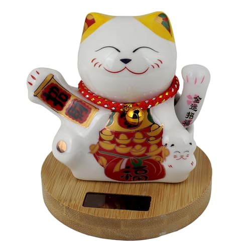 Freak Scene Glückskatze Keramik 10cm weiß Bambussockel Solar Maneki-Neko Winkekatze Lucky cat Modell 05 von Freak Scene