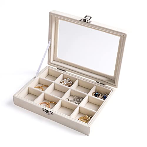 Frebeauty Schmuck-Organizer-Tablett mit transparentem Deckel, Samt-Schubladeneinsatz, Schmuck-Aufbewahrungsbox mit transparentem Deckel, Schmuckvitrine,Geschenk für Frauen (Beige, 12 Fächer) von Frebeauty