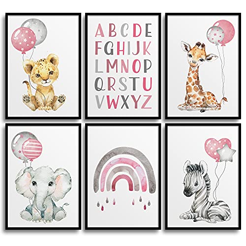 Frechdax® Set Poster Kinderzimmer - A4 Bilder Babyzimmer - Junge Deko Mädchen (Dschungel Tiere Luftballons pink) von Frechdax