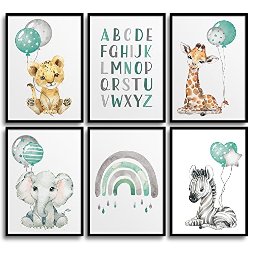 Frechdax® Set Poster Kinderzimmer - A4 Bilder Babyzimmer - Junge Deko Mädchen (Safari Tiere Luftballons Mint) von Frechdax