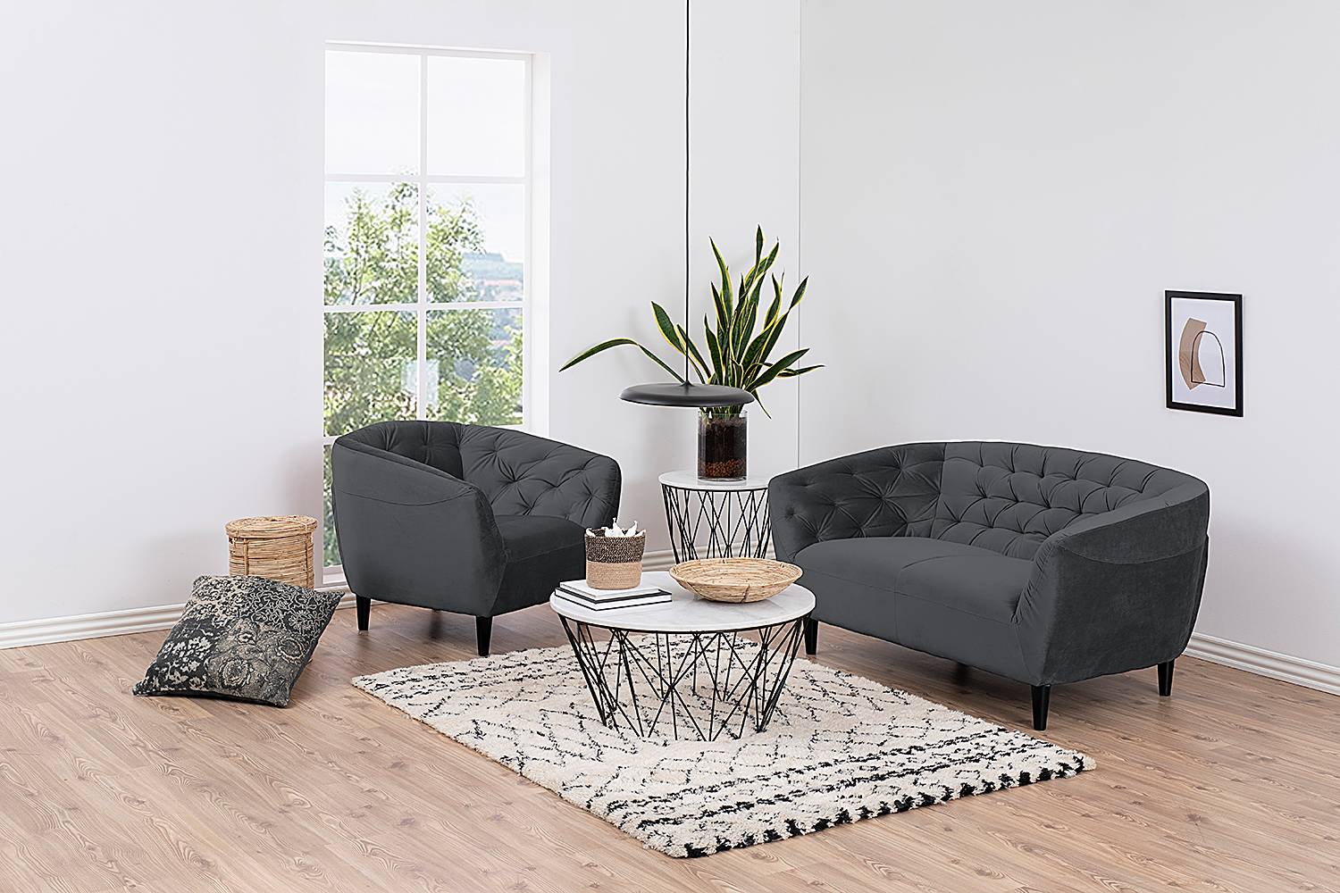 home24 2-Sitzer Sofa Rinner Grau Samt Vilda 150 x 78 x 84cm Modern von home24