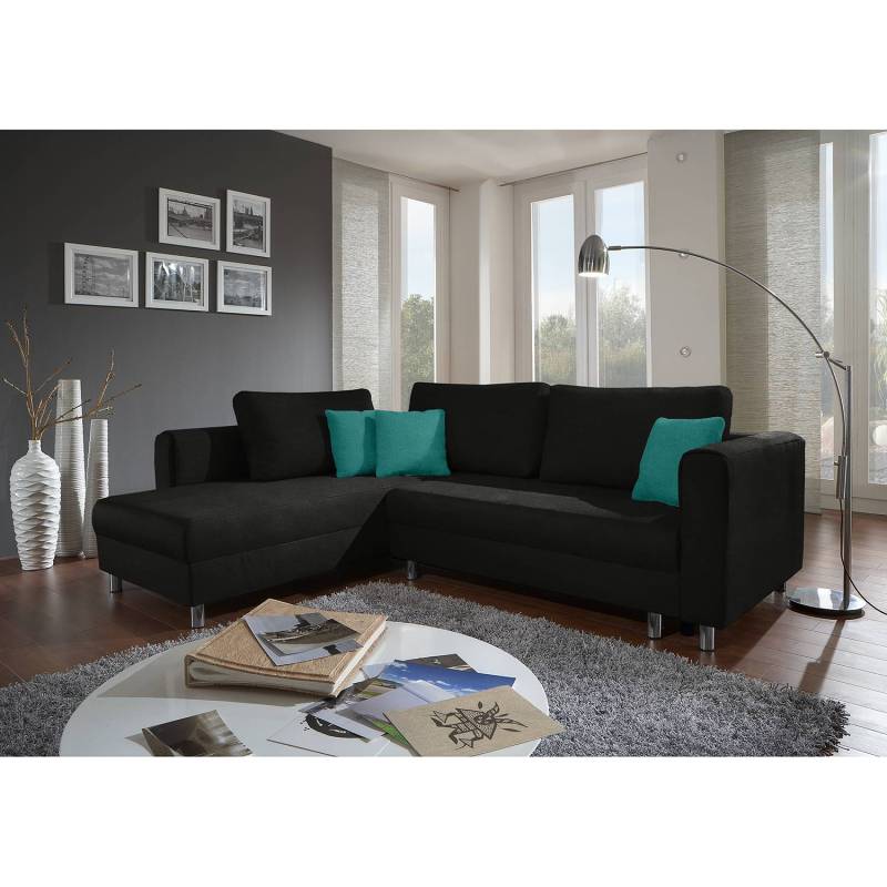 home24 Ecksofa Sulka Schwarz/Türkis Microfaser Enza 252 x 89 x 195cm Longchair beidseitig montierbar Modern von home24