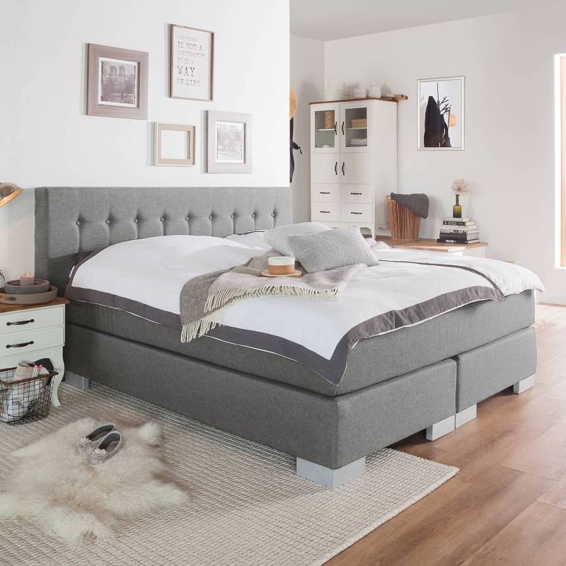 home24 Boxspringbett Loimaa 180 x 200cm Webstoff Grau/Platin von home24