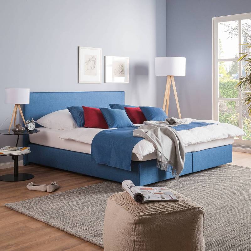 Fredriks Boxspringbett Ramona VII 200x200 cm Strukturstoff Brilliantblau mit Matratze/Kaltschaumtopper Modern von Fredriks