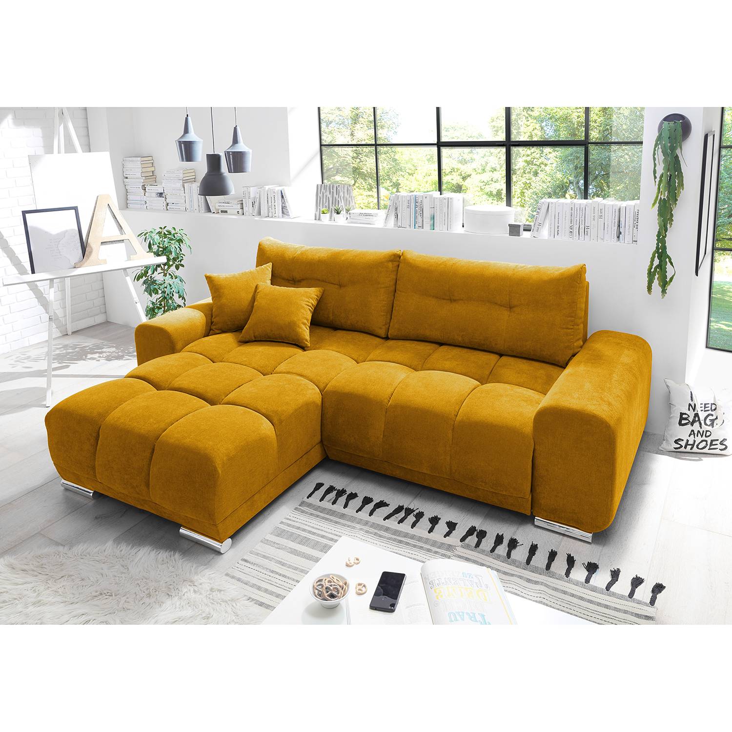 Fredriks Ecksofa Mimet Senfgelb Microfaser 264x93x186 cm mit Schlaffunktion von Fredriks