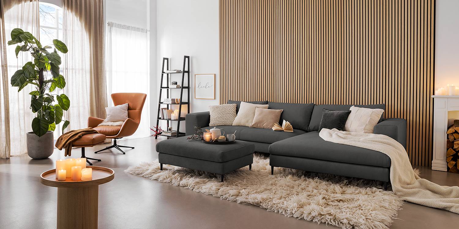 home24 Ecksofa mit Longchair Grau/Dunkelgrau Webstoff Caya 321 x 83 x 170cm Longchair davorstehend rechts ohne Schlaffunktion mit Hocker Modern home24 Ecksofa mit Longchair Grau/Dunkelgrau Webstoff Caya 321 x 83 x 170cm Longchair davorstehend rechts ohne Schlaffunktion mit Hocker Modern von home24