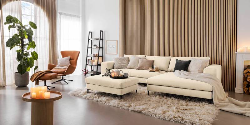 home24 Ecksofa mit Longchair Beige/Hellbeige Webstoff Caya 321 x 83 x 170cm Longchair davorstehend rechts ohne Schlaffunktion mit Hocker Modern von home24