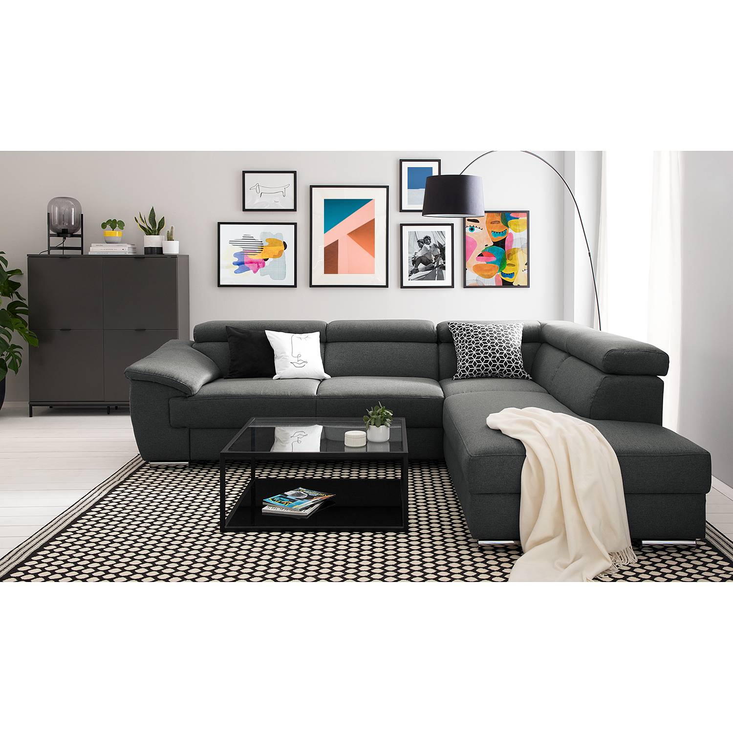 Fredriks Ecksofa Swain Anthrazit Webstoff 271x78x166 cm mit Schlaffunktion und Bettkasten von Fredriks