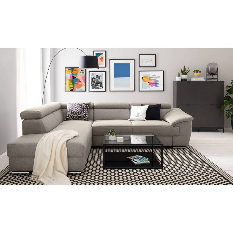 home24 Ecksofa Swain Grau/Granit Webstoff 275 x 78 x 166cm Longchair davorstehend links Schlaffunktion Modern von home24