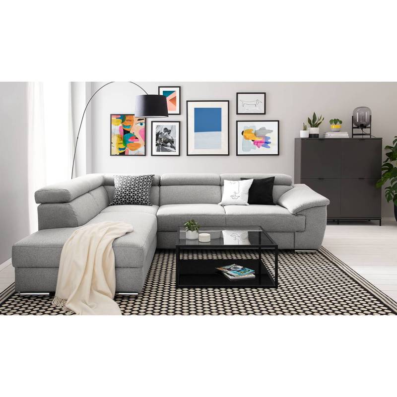 home24 Ecksofa Swain Grau/Lichtgrau Webstoff 275 x 78 x 166cm Longchair davorstehend links Schlaffunktion Modern von home24