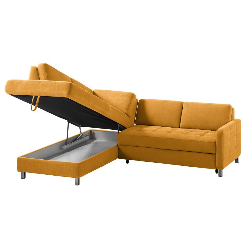 home24 Ecksofa Tanete Webstoff Gelb/Safrangelb Webstoff 233 x 80 x 196cm Ottomane davorstehend links mit Schlaffunktion Modern von home24