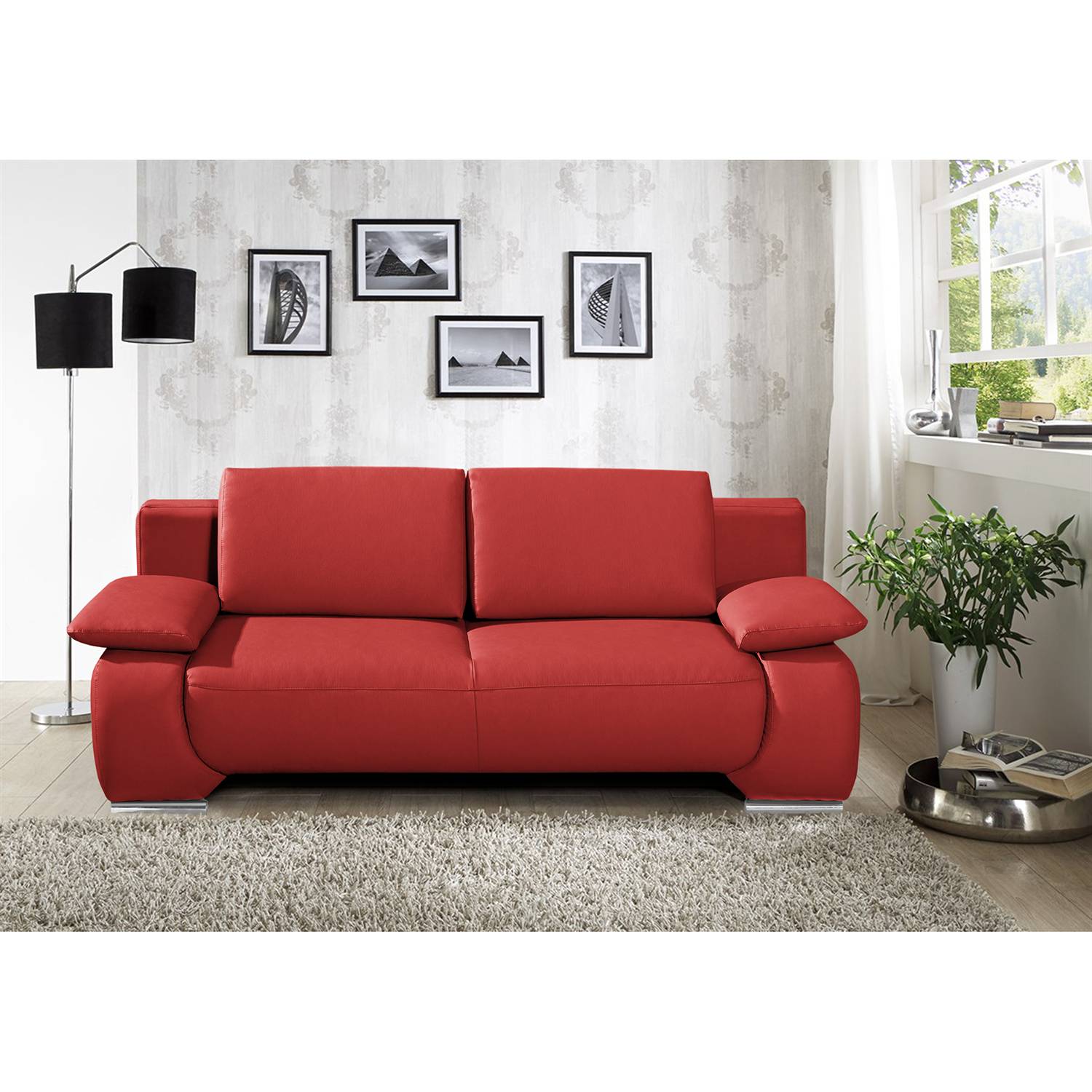 Fredriks Schlafsofa Ramea 2-Sitzer Rot Echtleder 213x85x100 cm (BxHxT) mit Schlaffunktion/Bettkasten Modern von Fredriks