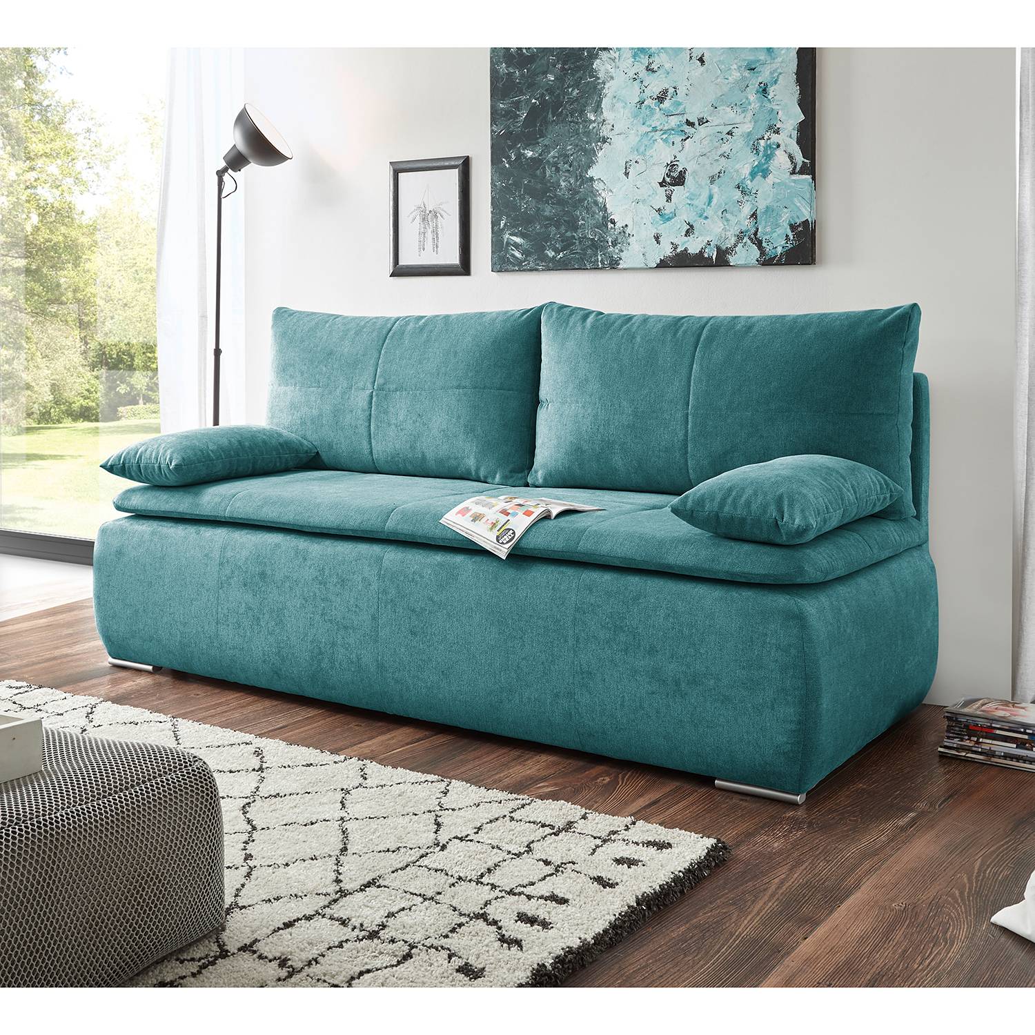 Fredriks Schlafsofa Zelaya Türkis Microfaser 208x102x95 cm mit Schlaffunktion und Bettkasten von Fredriks