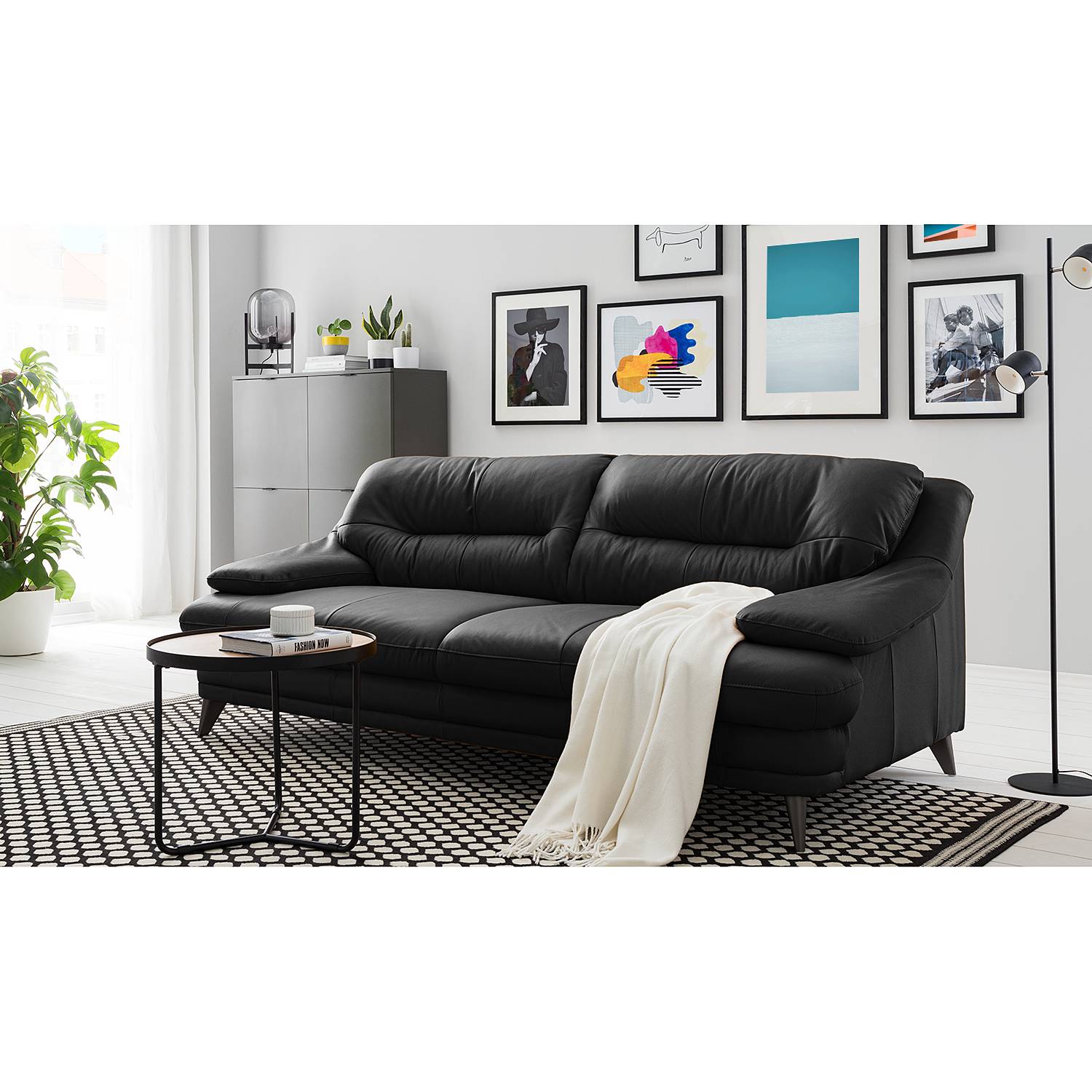 Fredriks Sofa Lutz II 3-Sitzer Schwarz Echtleder 220x87x100 cm von Fredriks