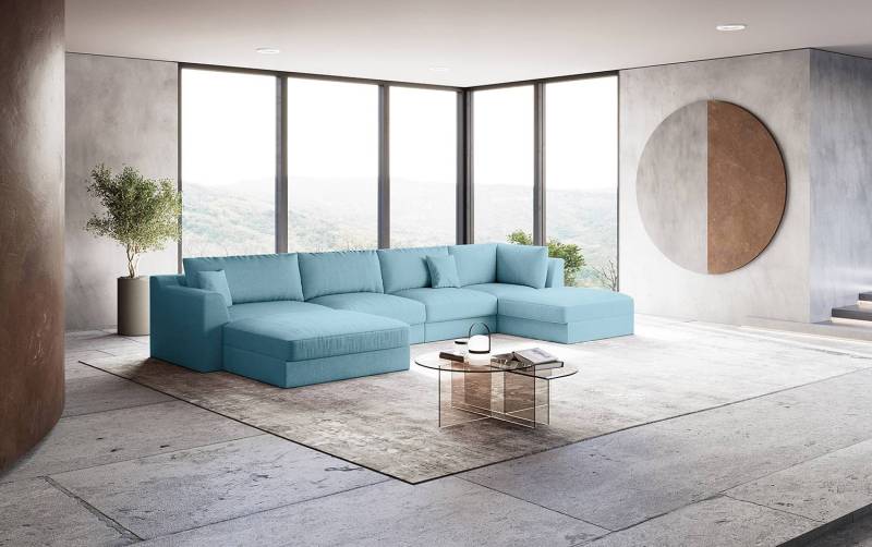 home24 Wohnlandschaft Blau/Hellblau Webstoff Palila 432 x 90 x 199cm Longchair davorstehend links / Ottomane rechts Modern von home24