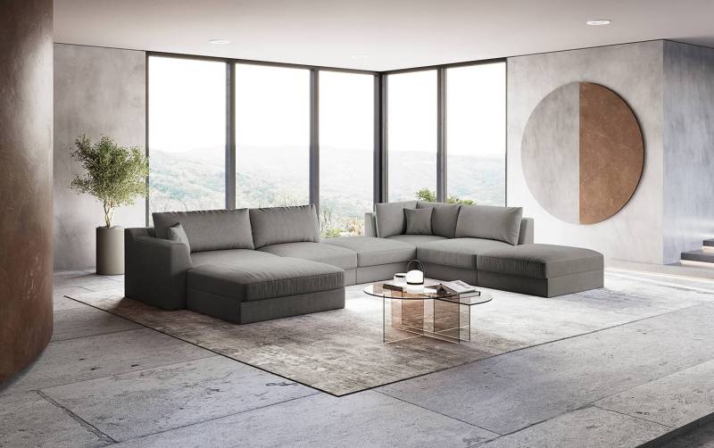 home24 Wohnlandschaft mit Hocker Grau/Grau Webstoff Palila 432 x 90 x 293cm Longchair davorstehend links / Ottomane rechts Modern von home24