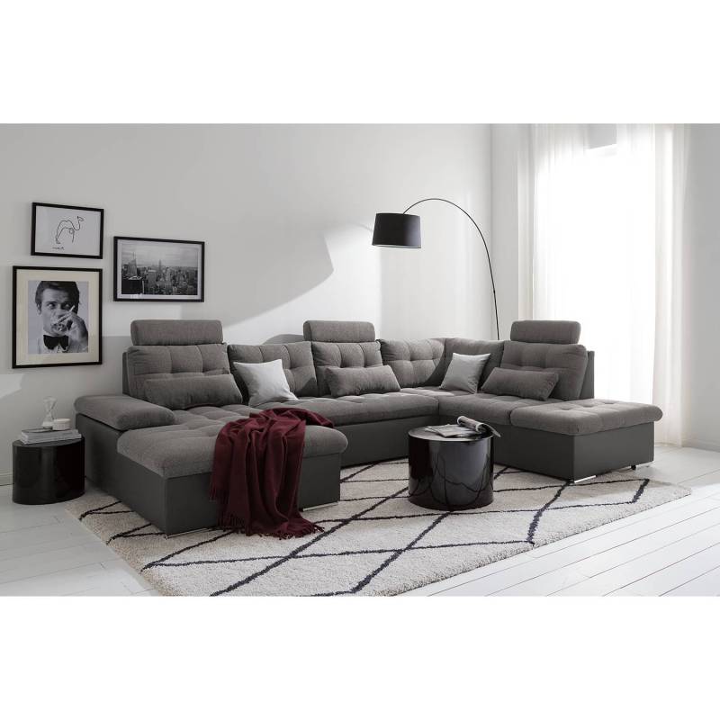 home24 Wohnlandschaft Puntiro Grau/Dunkelgrau/Grau Kunstleder Lilo / Strukturstoff Satur 324 x 107 x 218cm Longchair davorstehend links / Ottomane von home24