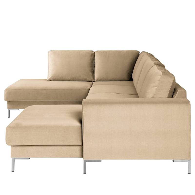 home24 Wohnlandschaft Webstoff Beige Samt Vaia 301 x 82 x 200cm Longchair davorstehend rechts / Ottomane links Modern von home24
