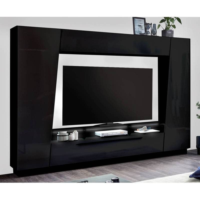 home24 Wohnwand Reedley 4-teilig Spanplatte, beschichtet Schwarz/Hochglanz Schwarz 275 x 195 x 40cm von home24