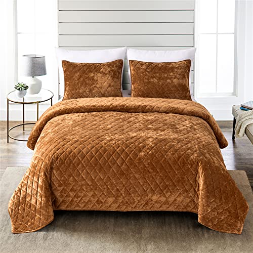 Fredsure Bettwäsche-Set aus Samt, 3-teilig, karamellfarbenes Kingsize-Bett, abgenutztes Samt-Gesicht und gebürstete Mikrofaser-Rückseite mit Diamant-Steppung von Fredsure