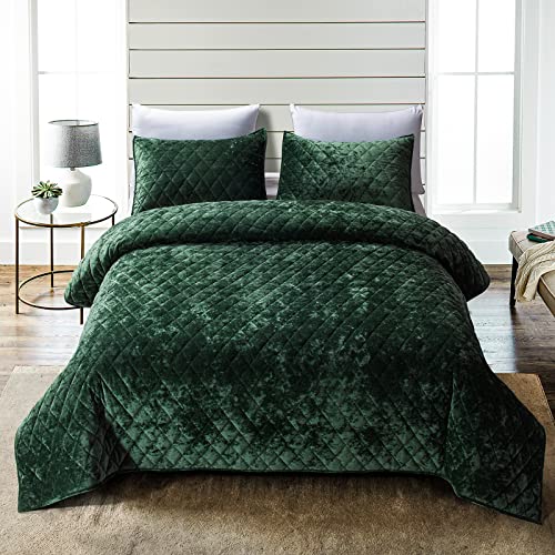 Fredsure Bettwäsche-Set aus Samt, 3-teilig, schwarz-grünes Queen-Size-Bett, abgenutztes Samt-Gesicht und gebürstete Mikrofaser-Rückseite mit Diamantsteppung von Fredsure