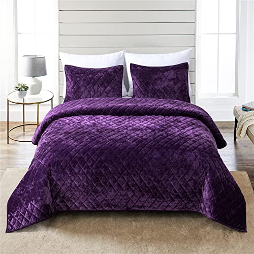 Fredsure Bettwäsche-Set aus Samt, 3-teilig, violettes Kingsize-Bett, abgenutztes Samtgesicht und gebürstete Mikrofaser-Rückseite mit Diamant-Steppung von Fredsure