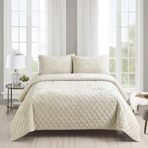 Fredsure Bettwäsche-Set aus Samt im Used-Look, 3-teilig, beige Kingsize, Schlafdecke, Vorderseite aus Samt im Used-Look und Rückseite aus gebürsteter Mikrofaser mit Rautensteppung von Fredsure