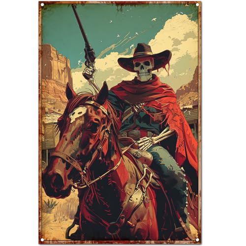 Originelles lustiges Western-Skelett-Cowboy-Blechschild – Retro-Totenkopf-Revolver-Druck mit Revolver-Druck, Poster, Kunstwerk, Vintage-Blech-Metall-Wanddekoration für Bar, Männerhöhle oder Saloon Originelles lustiges Western-Skelett-Cowboy-Blechschild – Retro-Totenkopf-Revolver-Druck mit Revolver-Druck, Poster, Kunstwerk, Vintage-Blech-Metall-Wanddekoration für Bar, Männerhöhle oder Saloon von Free Pintree