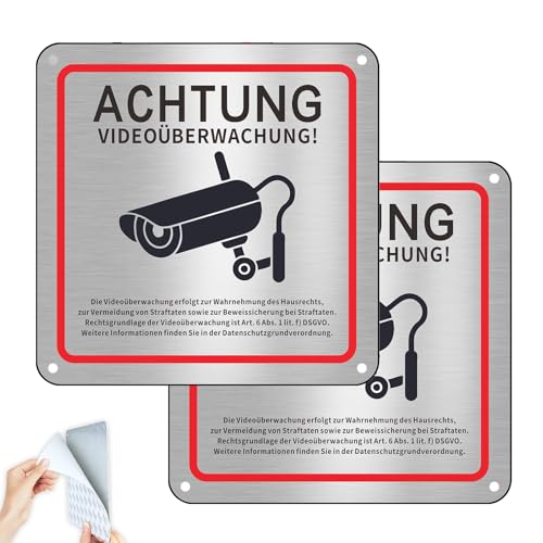2 STK Videoüberwachung Schild, Schild Videoüberwachung Privatgrundstück, Selbstklebend & Vorgebohrt Aluminium Achtung Videoüberwachung Schild, 15×15 CM Schild Kameraüberwachung für Überwachungskamera von FreeSkill