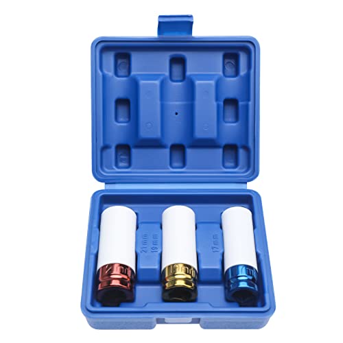 FreeTec 3tlg Kraft Schoneinsatz Set, 1/2" Alufelgen Schonnüsse Set, 17mm 19mm 21mm Steckschlüsselsatz Radmuttern, Schlagschrauber Reifenwechsel, Radwechsel Nuss Radschrauben Nüsse Set, 78mm Länge von FreeTec