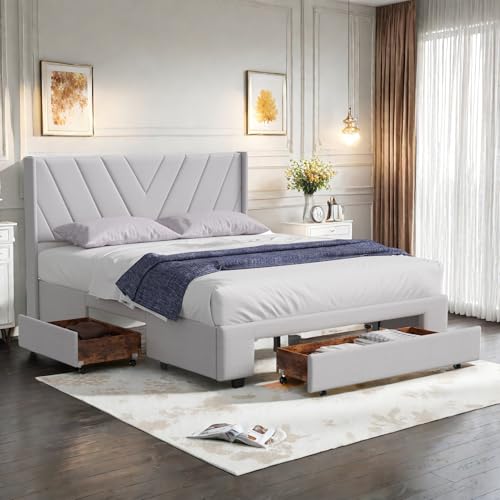 FreeWind Doppelbett 160 x 200cm, Polsterbett mit 3 Schubladen Stauraum, Stauraumbett Rückenlehne mit Lattenrost, Metall Bettgestell, Leinen, Beige, ohne Matratze von FreeWind