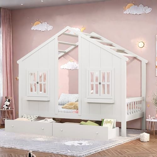 FreeWind Kinderbett Hausbett 90x200 cm, Holzbett mit 2 Schubladen & Fenster, Massivholz Kinder Bett mit Rausfallschutz & Lattenrost, Kinderbett mit Dach, ohne Matratze, Weiß FreeWind Kinderbett Hausbett 90x200 cm, Holzbett mit 2 Schubladen & Fenster, Massivholz Kinder Bett mit Rausfallschutz & Lattenrost, Kinderbett mit Dach, ohne Matratze, Weiß von FreeWind