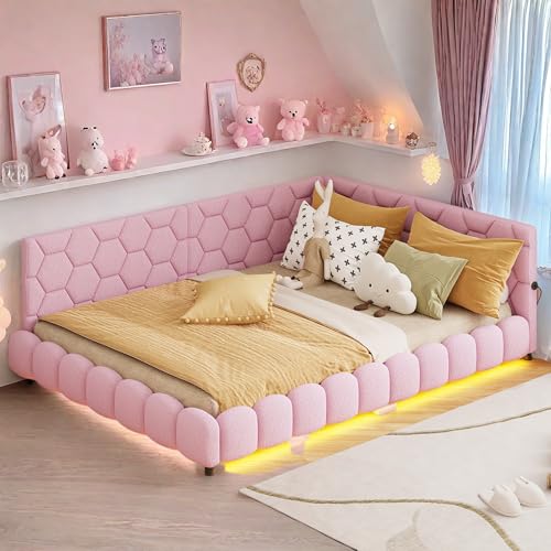 FreeWind Polsterbett, Schlafsofa 140x200 cm mit LED-Beleuchtung & USB-Anschluss, Bettgestell mit Lattenrost, Sofabett Tagesbett Gästebett Jugendbett, Samtstoff, Ohne Matratze (Rosa) von FreeWind