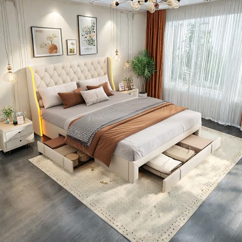 FreeWind Polsterbett 140 cm x 200 cm mit LED-Kopfteil, Doppelbett mit 3 Schubladen, Stauraumbett mit Stauraum&Lattenrost aus Holz, Jugendbett Bettgestell, Ohne Matratze, Beige (140 cm x 200 cm) von FreeWind