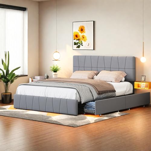 FreeWind Polsterbett 140 x 200 cm, Doppelbett Bettrahmen mit 4 Schubladen & Höhenverstellbares Kopfteil, Bett mit Stauraum und Lattenrost, Ohne Matratze, Samt, Grau FreeWind Polsterbett 140 x 200 cm, Doppelbett Bettrahmen mit 4 Schubladen & Höhenverstellbares Kopfteil, Bett mit Stauraum und Lattenrost, Ohne Matratze, Samt, Grau von FreeWind