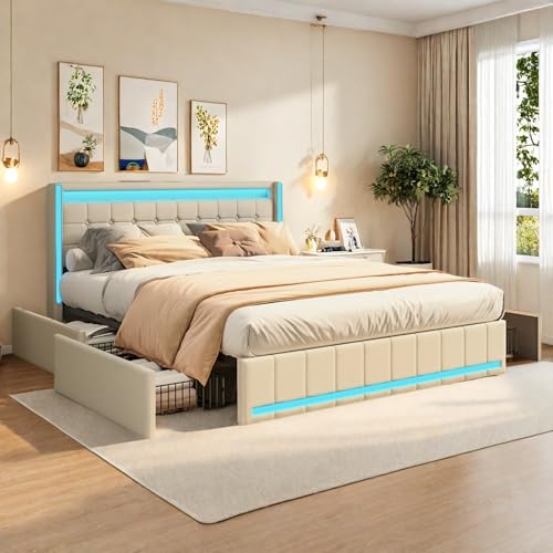 FreeWind Polsterbett 140 x 200 cm mit LED-Kopfteil, Doppelbett mit 4 Stauraum Schubladen & USB Typ C Ladefunktion, Stauraumbetten Bettgestell mit Lattenrost aus Holz, Leinen, Ohne Matratze FreeWind Polsterbett 140 x 200 cm mit LED-Kopfteil, Doppelbett mit 4 Stauraum Schubladen & USB Typ C Ladefunktion, Stauraumbetten Bettgestell mit Lattenrost aus Holz, Leinen, Ohne Matratze von FreeWind