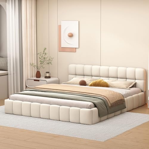 FreeWind Polsterbett 140x190 cm Bubble Bett, Doppelbett mit weicher Rückenlehne, Jugendbett mit Lattenrost, Flachbett mit Polsterumrandung, Leinen, ohne Matratze (beige) von FreeWind