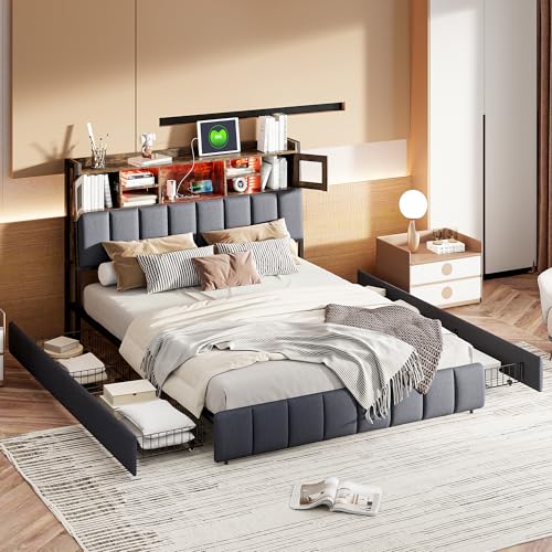 FreeWind Polsterbett 140x200 cm, Doppelbett mit 4 Stauraum Schubladen & LED, Stauraumbetten mit USB Ladefunktion & Kopfteil, Bettgestell mit Lattenrost, Jugendbett, Leinen, ohne Matratze, Schwarz FreeWind Polsterbett 140x200 cm, Doppelbett mit 4 Stauraum Schubladen & LED, Stauraumbetten mit USB Ladefunktion & Kopfteil, Bettgestell mit Lattenrost, Jugendbett, Leinen, ohne Matratze, Schwarz von FreeWind