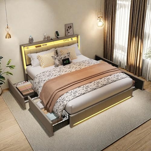 FreeWind Polsterbett 160x200 cm mit USB Ladefunktion & LED-Kopfteil, Doppelbett mit 4 Schubladen, Stauraumbetten Funktionsbett Bettgestell mit Lattenrost, Jugendbett, Leinen, ohne Matratze (Beige) von FreeWind